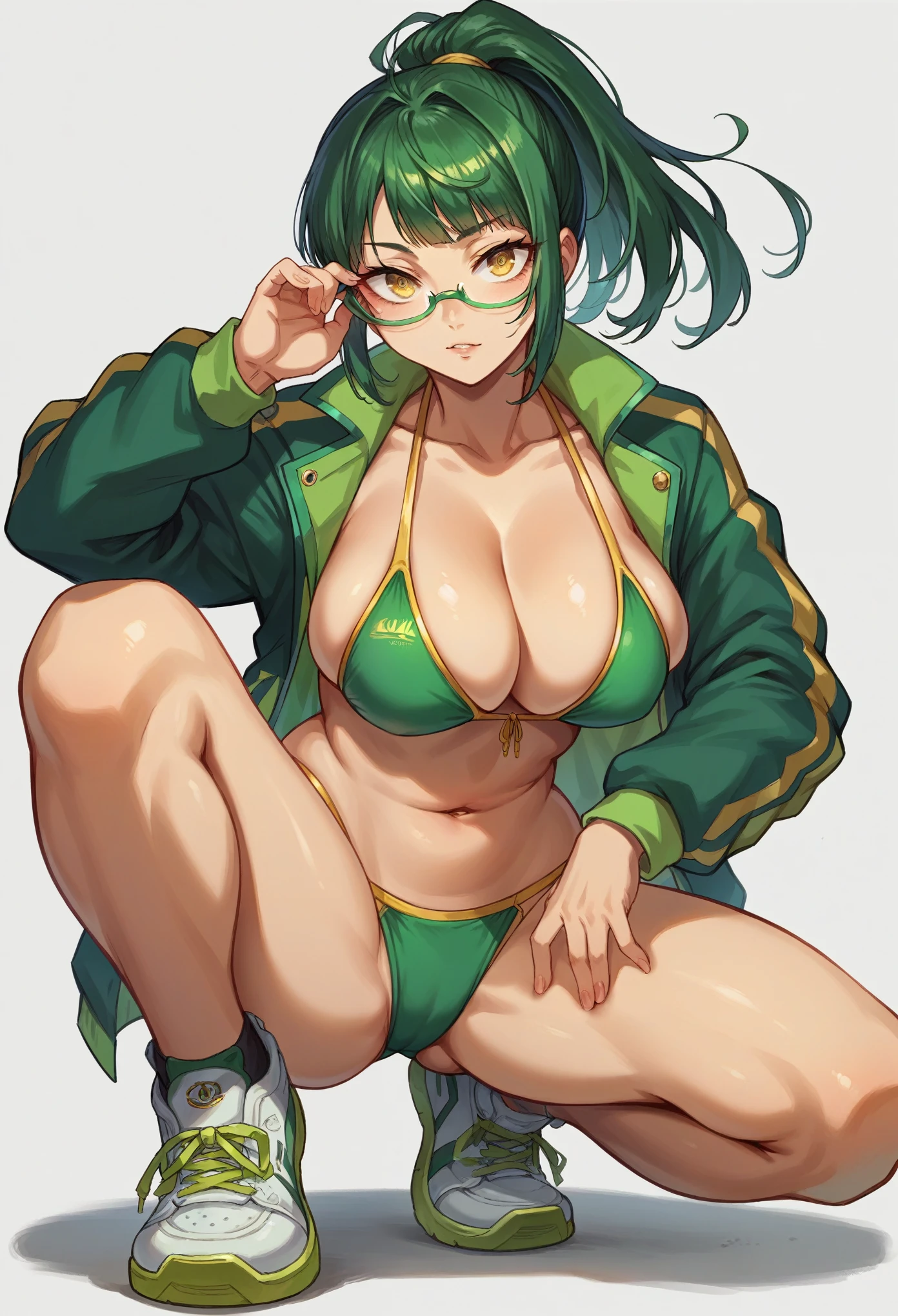 score_9, score_8_up, score_7_up, score_6_up, BREAK, masterpiece, best quality, anime woman, female, solo, Maki , detailed eyes, yellow eyes, green ponytail hair, square glasses, seducing face, sensual face, big breast, dressed in sport jacket and bikini, trainers