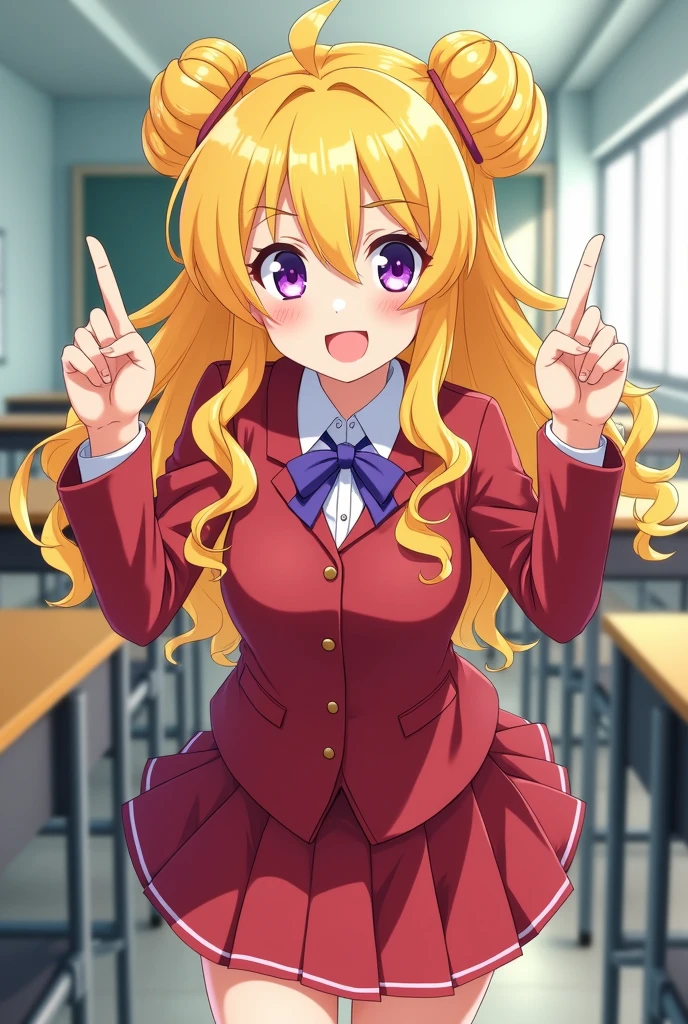 School,classroom,First place: Japan University,Mid-chest,Yellow double drill curly long hair, Red student uniform,Short skirt,Bright Eyes,Lively expression,One finger is worth you,One hand on waist