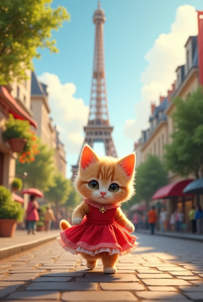 Now little cat with red dress walking in front of effiel tower