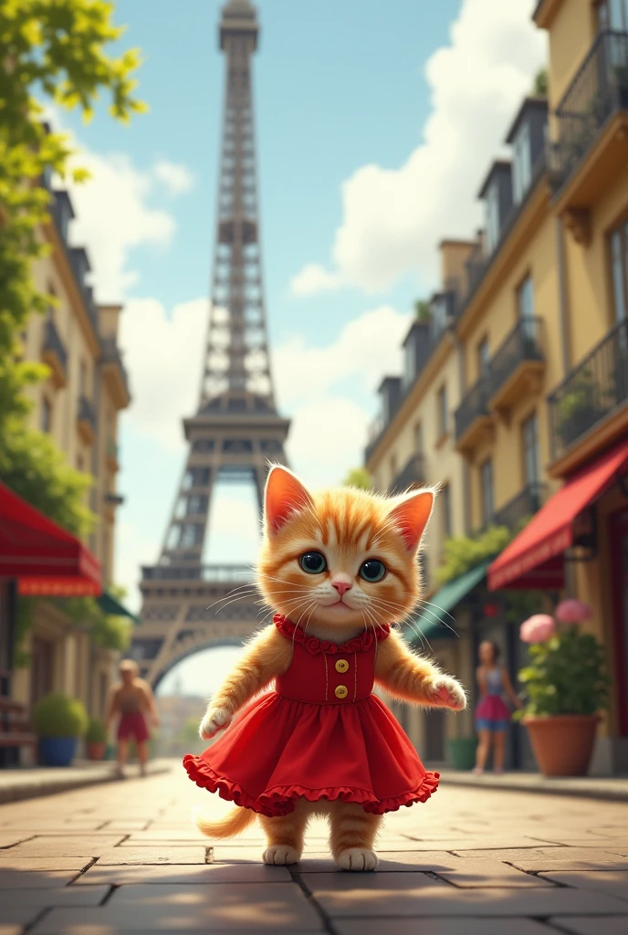 Now little cat with red dress walking in front of effiel tower