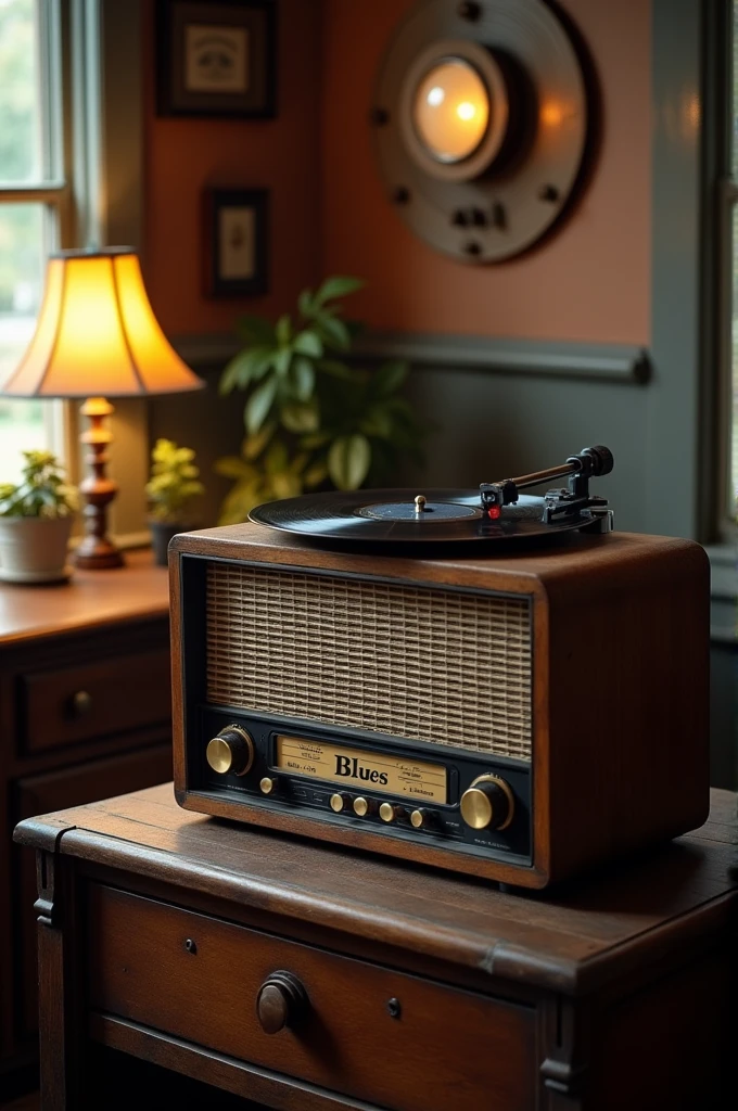 A radio with a record saying blues on the front