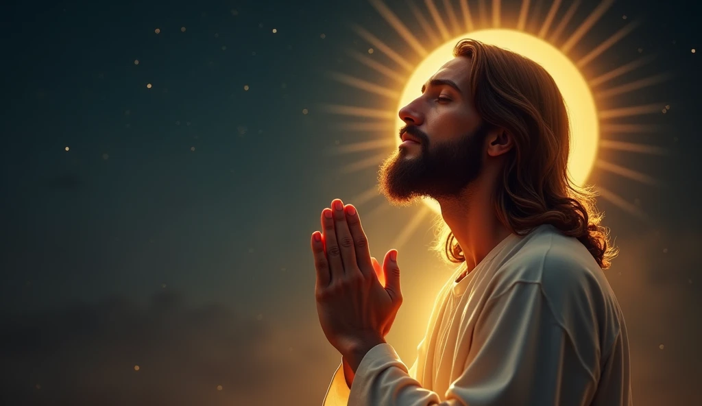 A viral social media image of Jesus praying on the right side, with soft golden light illuminating his peaceful face, surrounded by a serene, starry night sky and a gentle, glowing halo.



