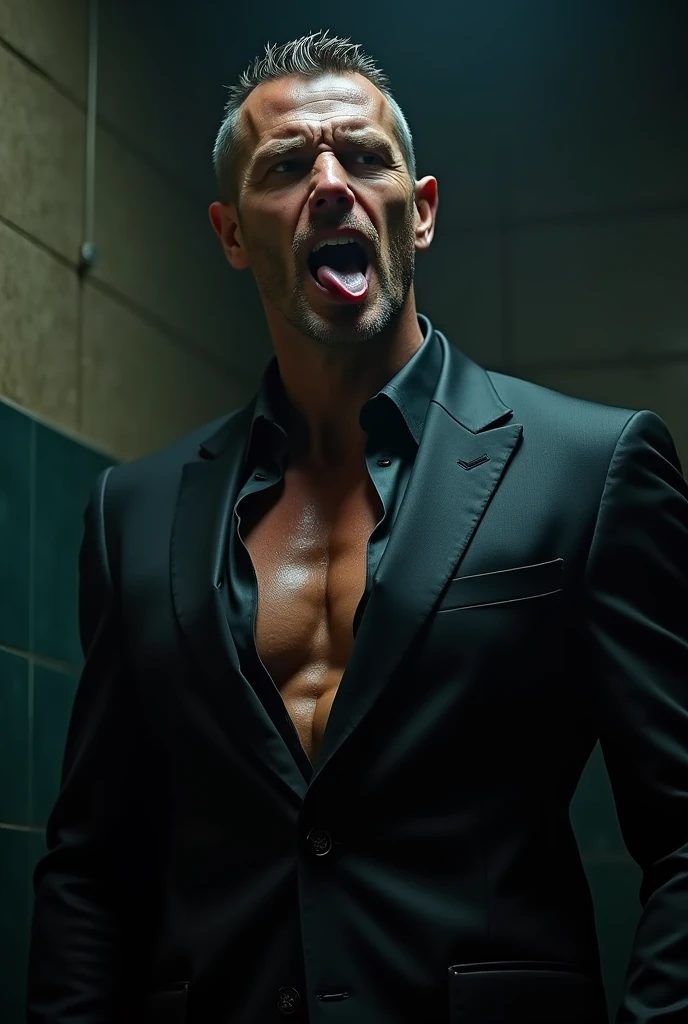 Prompt: DVD screengrab from a dark fantasy film in the style of Ridley Scott. Handsome hunk himbo funny frisky erotic hot men lässig cool. Short hair. Buissnes suit bodybuilder. Wet. Face portrait. Most sexiest face and muscle pecs. Tall. Older sexy. Erotic Hot grandpa bodybuilder in sexy pervert buissness suit . Sleeping on the couch burping motuh open tounge out. Big muscle pecs ripping thirt open. Hot gay porn pose. Wet skin . Prompt: DVD screengrab from a dark fantasy film in the style of R