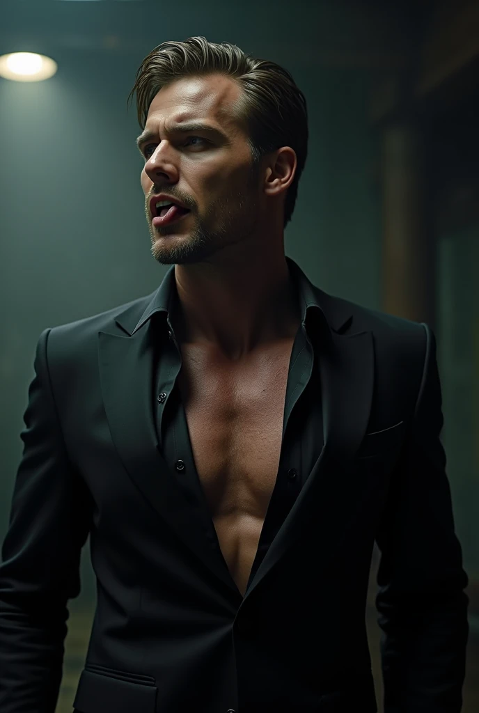 Prompt: DVD screengrab from a dark fantasy film in the style of Ridley Scott. Handsome hunk himbo funny frisky erotic hot men lässig cool. Short hair. Buissnes suit bodybuilder. Wet. Face portrait. Most sexiest face and muscle pecs. Tall. Older sexy. Erotic Hot grandpa bodybuilder in sexy pervert buissness suit . Sleeping on the couch burping motuh open tounge out. Big muscle pecs ripping thirt open. Hot gay porn pose. Wet skin . Prompt: DVD screengrab from a dark fantasy film in the style of R