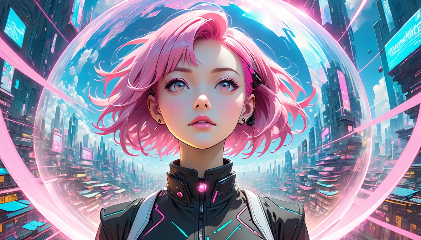 cyberpunk, pink hair, of the future, Surrealism, ultra wide angle, wide angle lens, look up, dynamic movement, express, businesslike, Sacred Edge, laser hologram