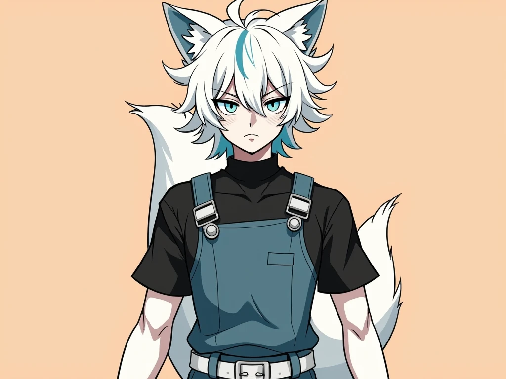 He is a boy, that looks like an alpha fox hybrid ,has a dominant and attractive appearance. His expression is cold and serious.. Has a mesomorph body.Her hair is white and has few curls. , She has light blue strands in her hair , Her eyes are a pastel blue color. The clothing is a black shirt with light blue , his navy blue pants. He has a calm look. That it has a theme of the anime my Hero academy. It has two furry fox tails on the back and also has light blue locks..He has black cat-like markings on his face.. Half of his legs and arms from the elbow down are wolf fur.. It has a medium size.