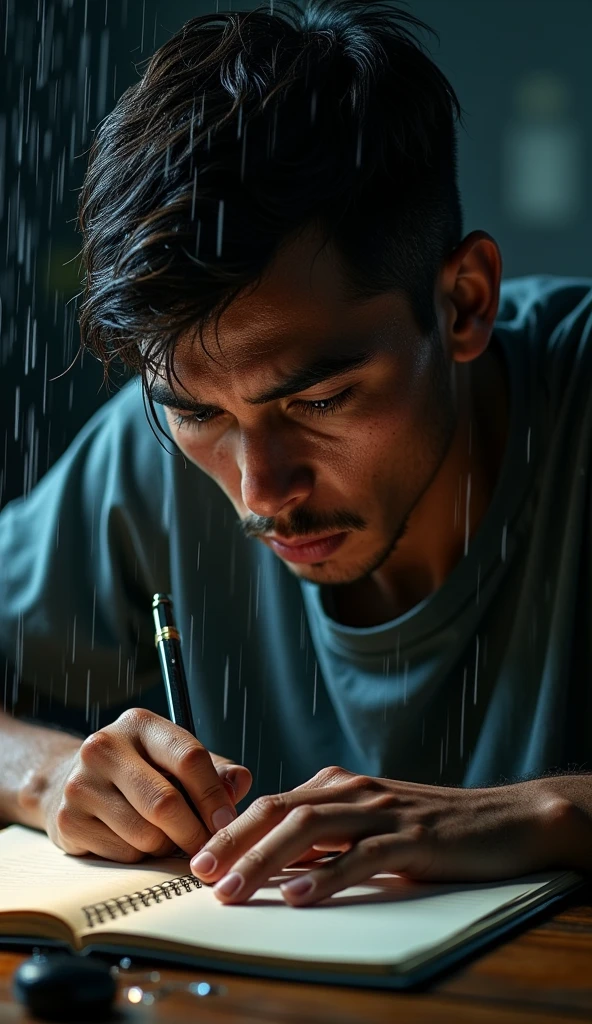 young Brazilian man working on notebook focused with sweat running down his face a lot of sweat running down his face as if he were in the rain drops of sweat falling in the night light shows the entire notebook it's not raining