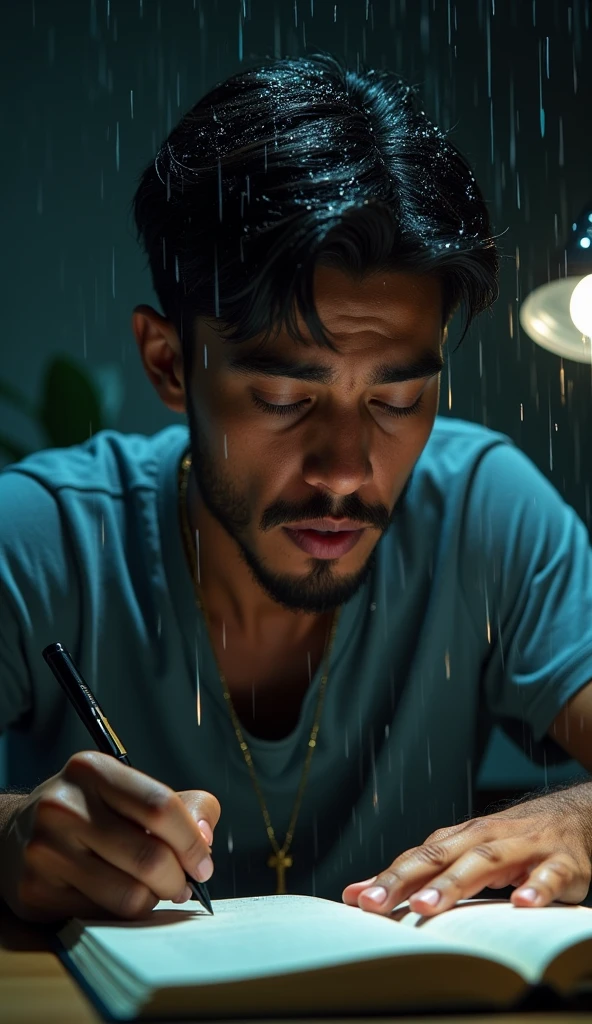 young Brazilian man working on notebook focused with sweat running down his face a lot of sweat running down his face as if he were in the rain drops of sweat falling in the night light shows the entire notebook it's not raining
