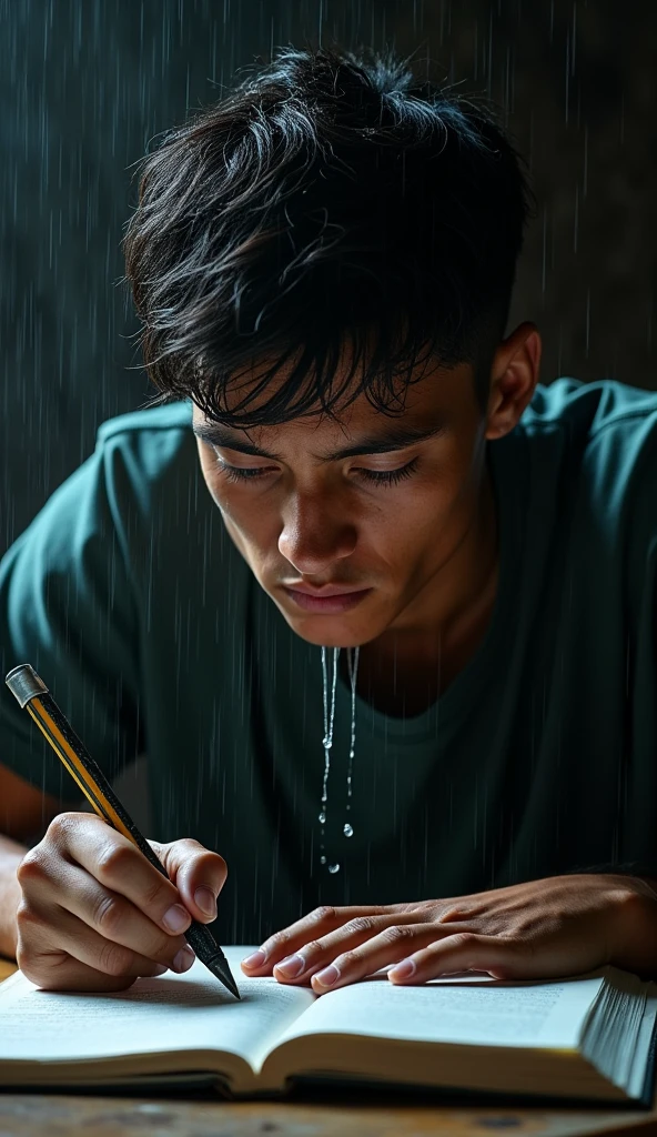 young Brazilian man working on notebook focused with sweat running down his face a lot of sweat running down his face as if he were in the rain drops of sweat falling in the night light shows the entire notebook it's not raining