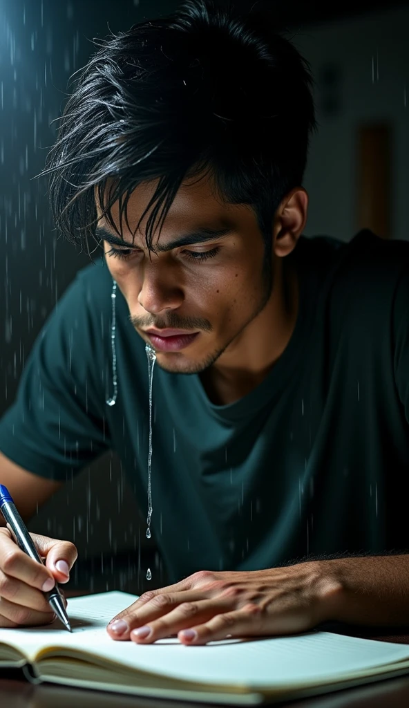 young Brazilian man working on notebook focused with sweat running down his face a lot of sweat running down his face as if he were in the rain drops of sweat falling in the night light shows the entire notebook it's not raining