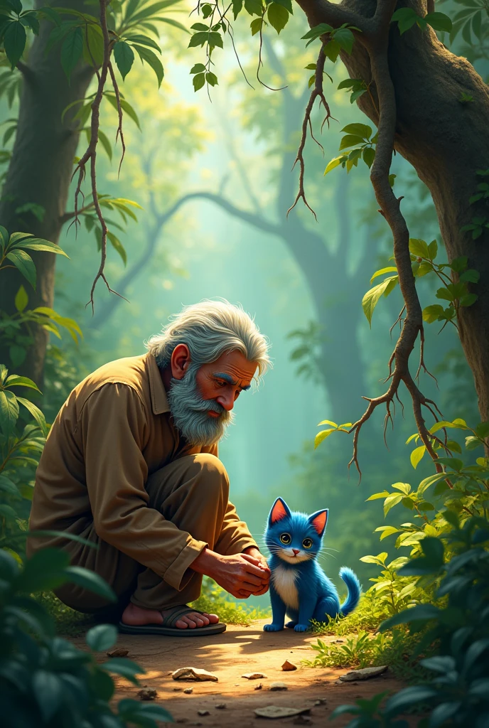 An  poor old man with small France beard in brown clothes live in a jungle one day he found a little cute blue kitten in the jungle ai image