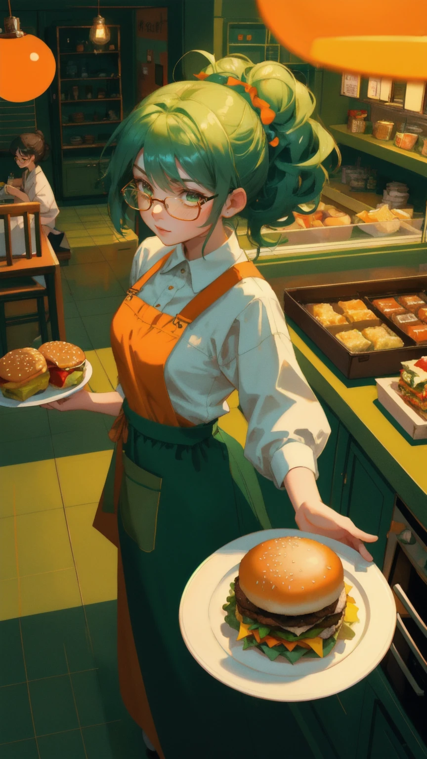 An anime-style illustration set in a bustling fast-food kitchen with a vibrant green background. A frazzled young woman with disheveled hair and wide, panicked eyes stands behind an orange counter. She wears a white shirt, green apron, and glasses. Her arms are outstretched, one hand balancing a coffee cup and saucer. Above her, a whirlwind of food items explodes: burgers, buns, cheese slices, and condiments float chaotically in the air. Hanging light bulbs illuminate the scene from above. The counter is strewn with various food items, plates, and utensils. Behind her, kitchen equipment, shelves, and containers line the walls. The art style is reminiscent of a detailed comic book, using a limited color palette dominated by shades of green, orange, and yellow. The overall atmosphere conveys stress, motion, and the frenetic energy of a busy kitchen