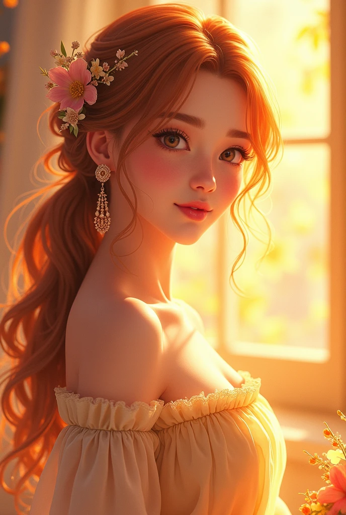 I want a cute pretty female heroine with warm color theme