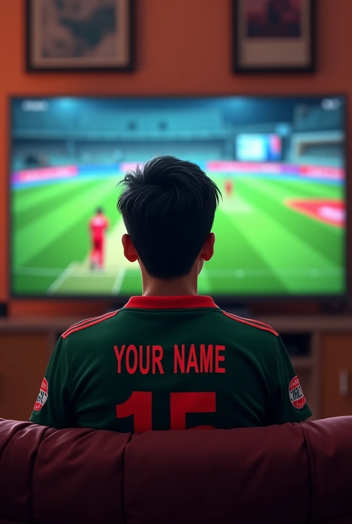 Text: A 1 Bangladesh cricket fan wearing Bangladeshi cricket team t-shirt with name "Your Name " and number "15"watching t20 match on tv.