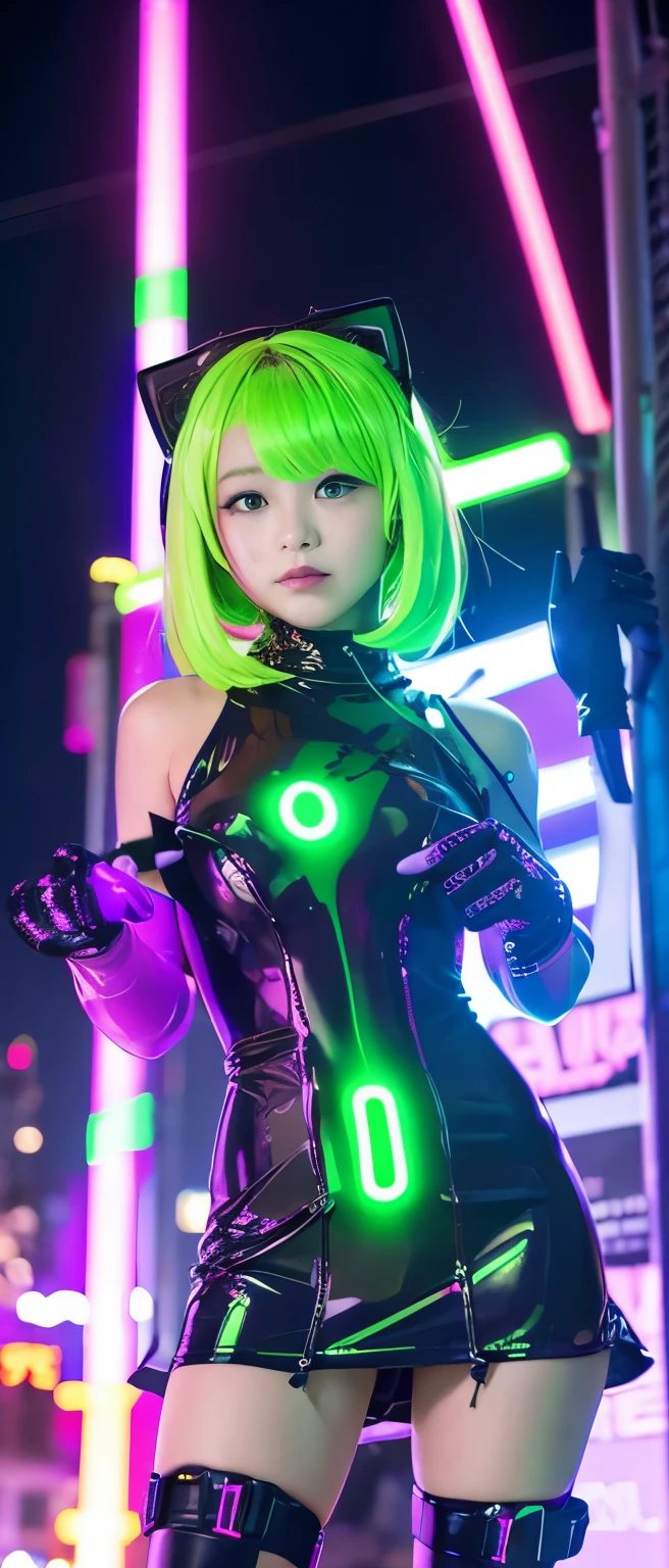 Cool Cyber Idol Girl、whole body、Good style、、、、、、、、、、Thick legs、、Paint-covered Cyber Dress(Fluorescent yellow and purple)、Cool girl face、、、、Glowing Slime Cable、Cybertown at night