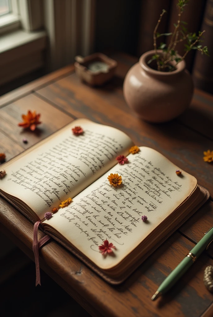 Make an open diary on a table I want the image from top to bottom