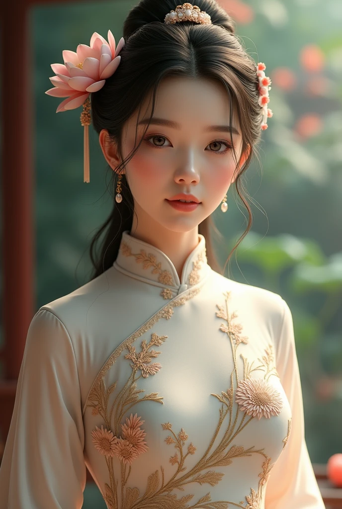 I want a picture of a Vietnamese girl wearing ao dai. It should look like a real person. It should have a Vietnamese style.