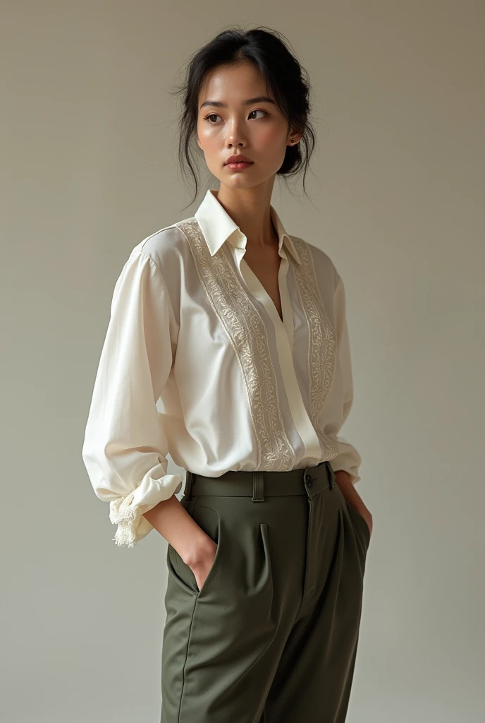 Lesbian, wearing barong Tagalog and fitted slacks in a whole body