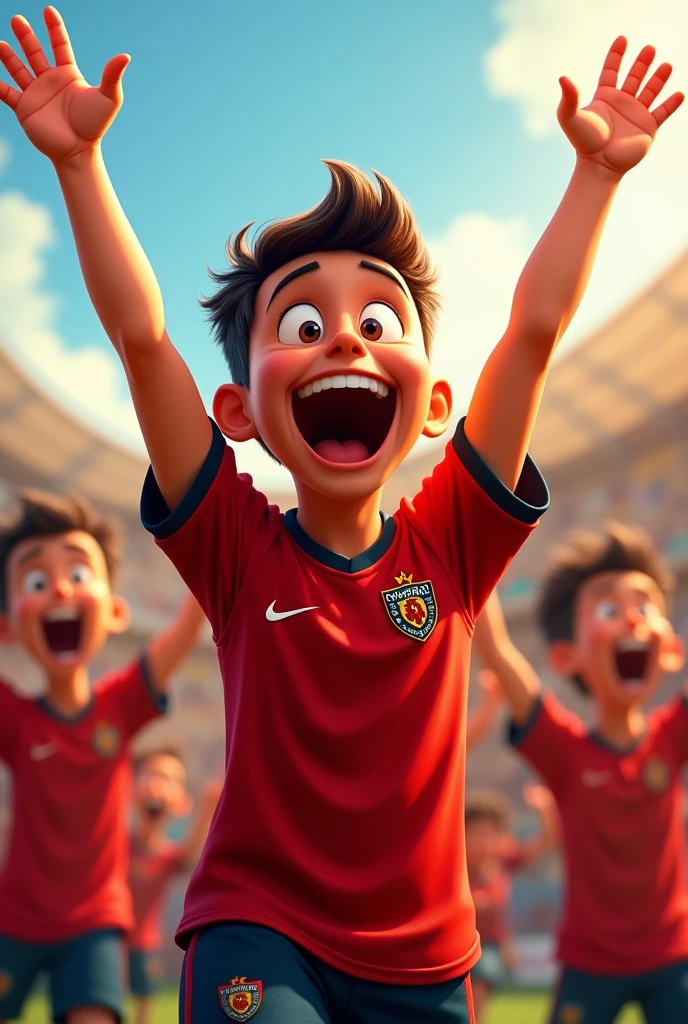 Desenho estilo pixar, a character cheering with a Flamengo shirt