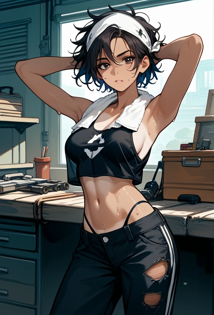 masterpiece, best quality, mature woman, messy hair, black hair, brunette gradient hair color, hot face, (tomboy face), tan skin, mature body, fit body, medium breasts, mechanic gloves, (dirty tank top), stained tank top, midriff, white bandana, mechanic pants, loose pants, workshop, (sweaty), towel around neck, black thong lines, ripped pants, hands behind head