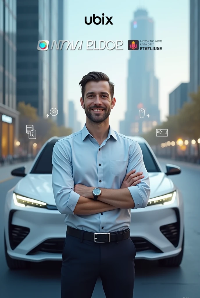 Create a male driver, from the UBIX mobile taxi application. And add the phrase Download it Now, Displays the two existing download stores and adds the slogan "welcome to the future"
