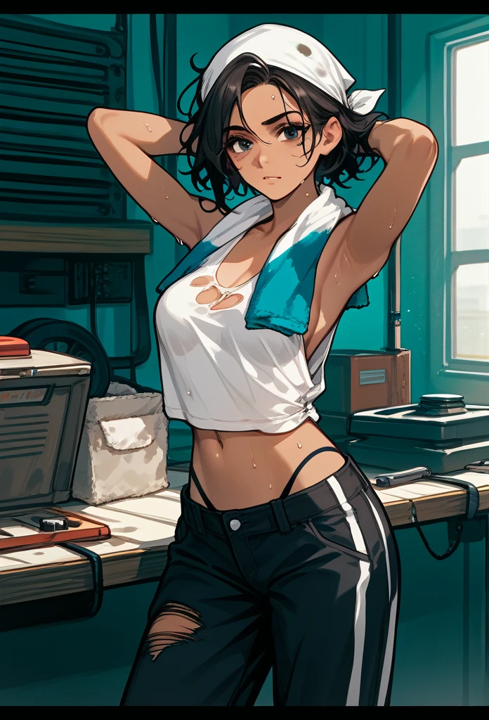 masterpiece, best quality, mature woman, messy hair, black hair, brunette gradient hair color, hot face, (tomboy face), tan skin, mature body, fit body, medium breasts, mechanic gloves, (dirty tank top), stained tank top, midriff, white bandana, mechanic pants, loose pants, workshop, (sweaty), towel around neck, black thong lines, ripped pants, hands behind head