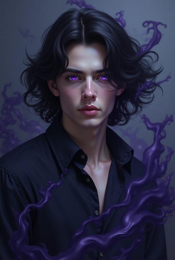 ((best quality)), ((masterpiece)), (detailed), young man with dark hair and purple eyes, pale skin, surrounded by a dark aura
