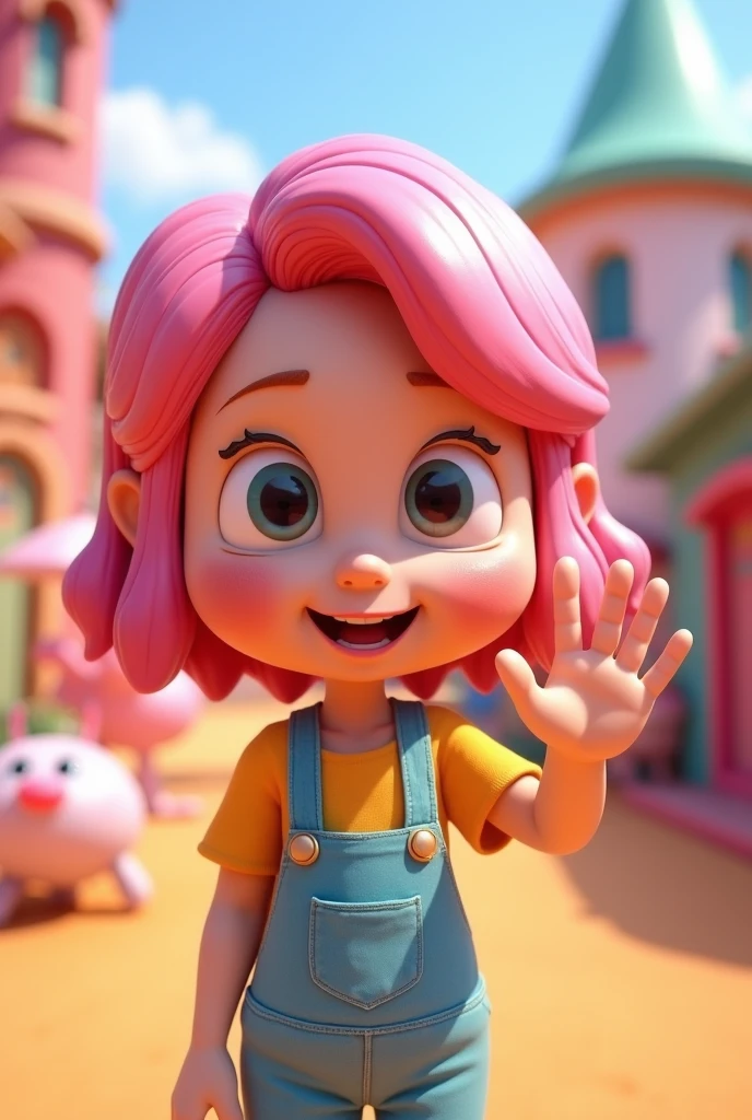The same pink haired girl cartoon shows a 3D hand waving gesture.