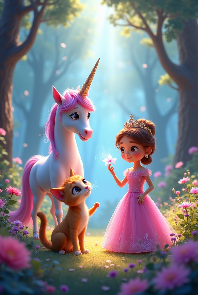 Animated cat with a unicorn and a princess