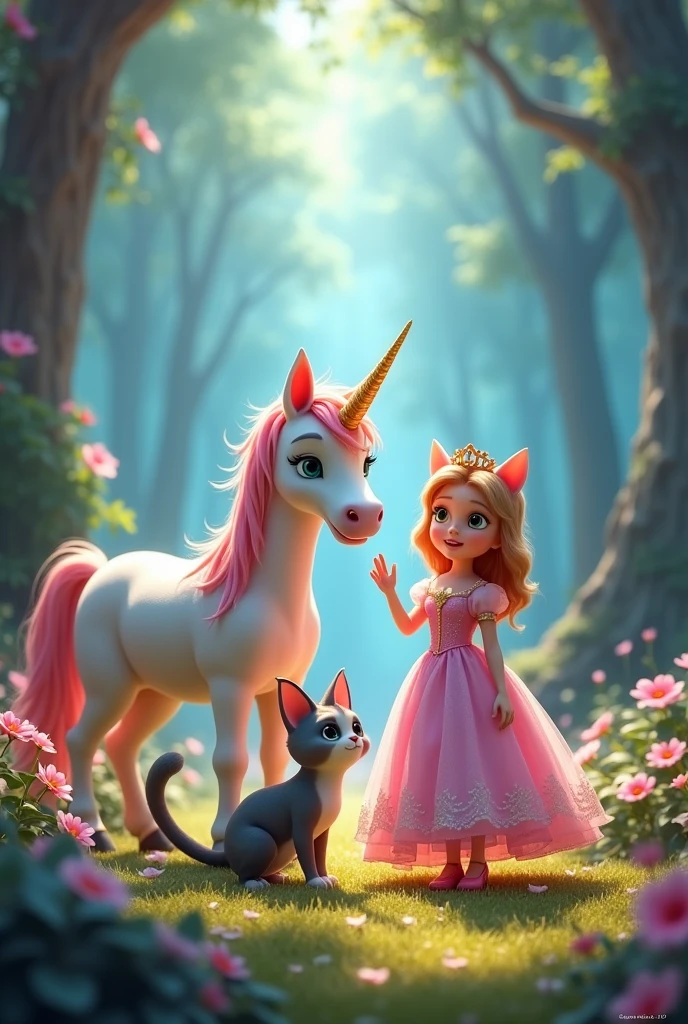 Animated cat with a unicorn and a princess
