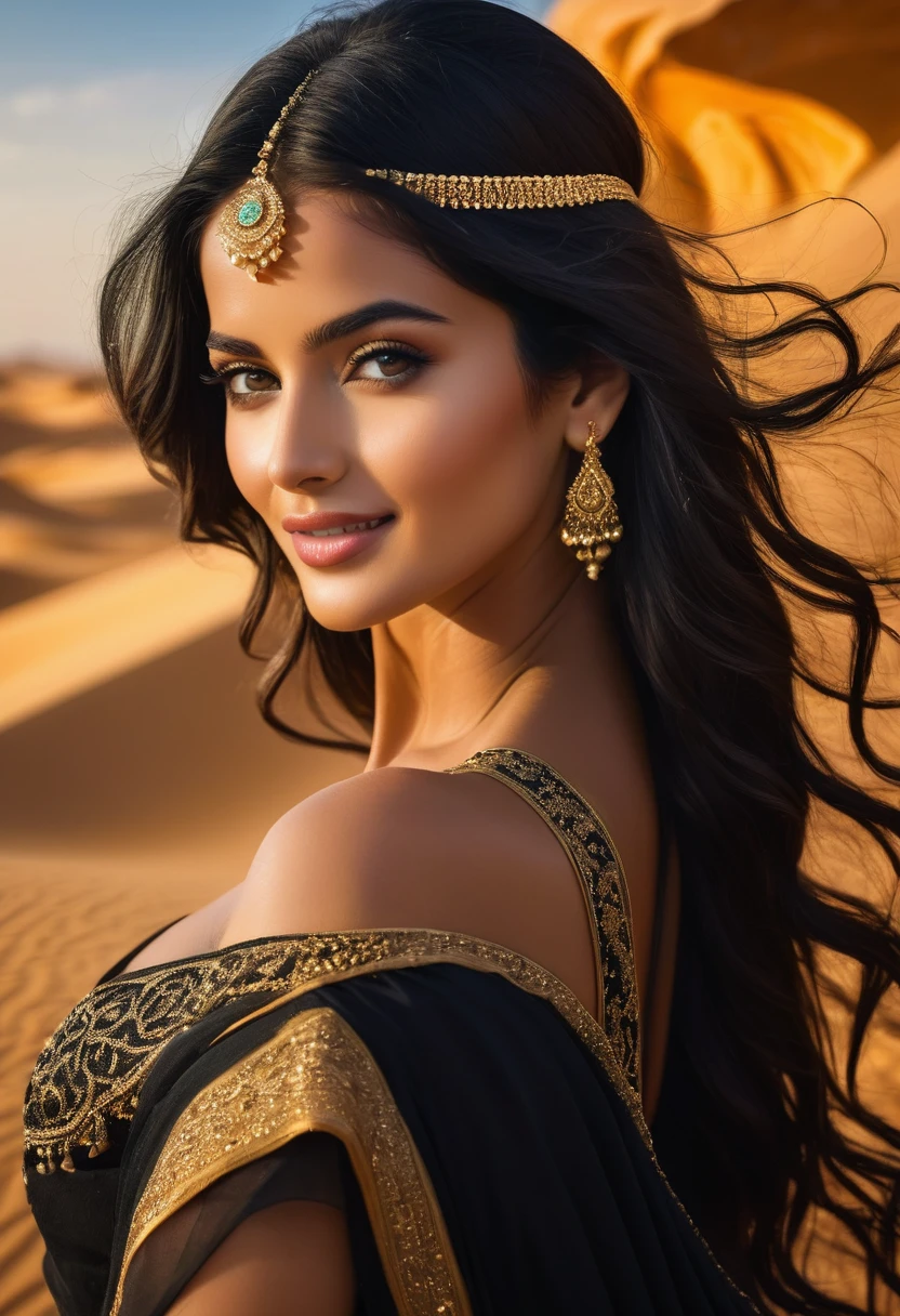 (Very detailed,Realistic:1.37),(Highest quality,4K,8k,High resolution,masterpiece:1.2), This Saudi Arabian girl、It exudes an otherworldly beauty。, Captivate everyone who stares at her. Her long, Flowing jet black hair、cascading down her shoulders like a sparkling waterfall。, It frames her delicate features with an air of mystery and charm.. Her Eyes, Deep Darkness, Within them lies a secret universe, She sparkles with wisdom beyond her years..

Her skin, Kissed by the desert sun, Shining with radiant warmth, Reminiscent of the golden sandy beaches of my hometown. Every delicate curve of her face is perfectly sculpted., Her high cheekbones catch the light、It displays breathtaking elegance.

When she smiles, It&#39;s like the whole world lit up around her, Her laughter sounded like music on the wind.. Her outfit, Decorated with intricate patterns and delicate fabrics, Her slender body is covered like a work of art., Rather than ruining her natural beauty、favor.

In her presence, Time seems to have stopped, It&#39;s like something out of a fairy tale, A true embodiment of elegance and charm. This Saudi Arabian girl is not just beautiful; She&#39;s alive, breathing masterpiece, A testament to the infinite wonder of the human form.