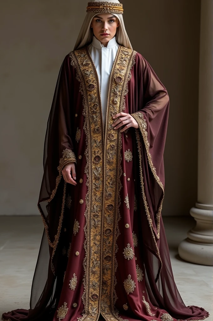 Arabic caftan / in black / a mixture of chiffon and velvet / with an innovative and new pattern / using Arabic patterns and embroideries / in addition to precious stones /