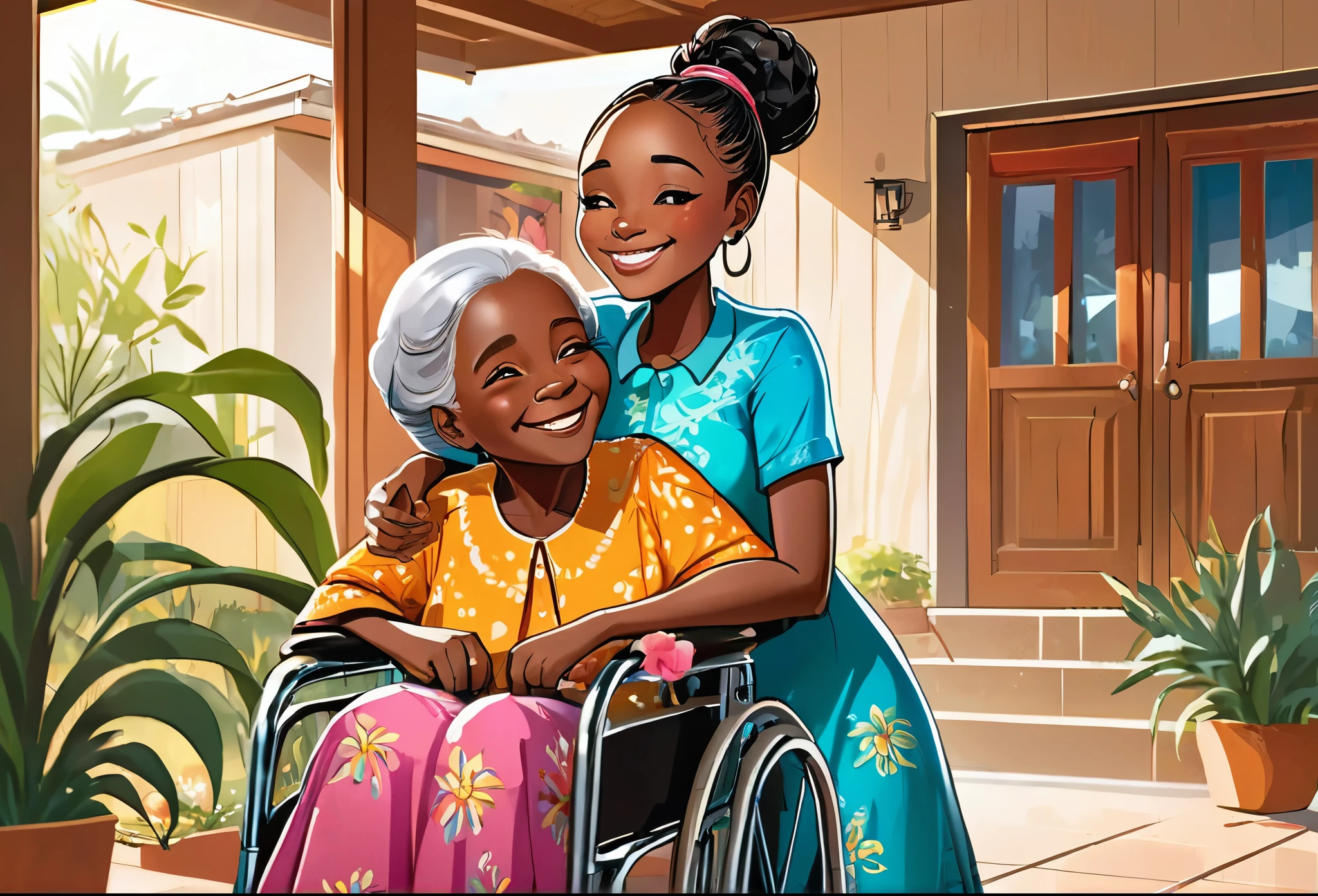 A  hugging her grandma that is on a wheelchair, in a modern house compound, smiling, 
African (masterpiece best quality:1.2) delicate illustration ultra-detailed, illustrations, bright, colourful, 