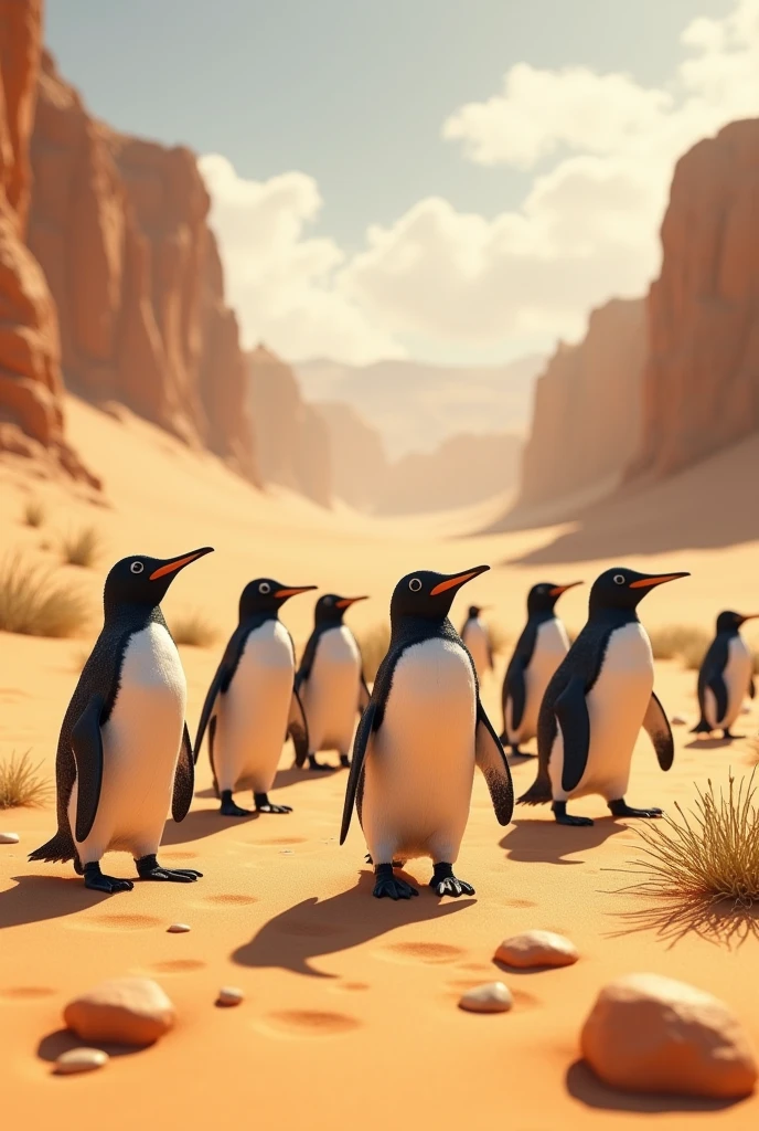 Penguins in desert