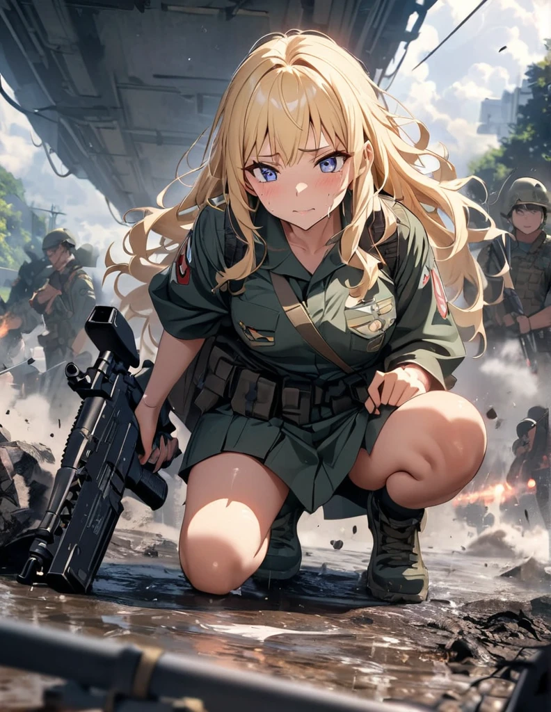 (anime)、(masterpiece:1.2),Atmospheric perspective,Lens flare、Fog of Battlefield、Crash, Makes the world look grey、When it rains, The female soldier is crouching.。With an irritated look on his face, he vows revenge..。Rain-soaked hair、blonde、blue eyes、Space Battleship Yamato、Traces of fierce fighting are everywhere、Smoke rising from everywhere、A work of blurry color M4 Carbine，Possession of a gun