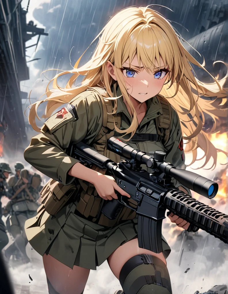 (anime)、(masterpiece:1.2),Atmospheric perspective,Lens flare、Fog of Battlefield、Crash, Makes the world look grey、When it rains, The female soldier is crouching.。With an irritated look on his face, he vows revenge..。Rain-soaked hair、blonde、blue eyes、Space Battleship Yamato、Traces of fierce fighting are everywhere、Smoke rising from everywhere、A work of blurry color M4 Carbine,Possession of a gun