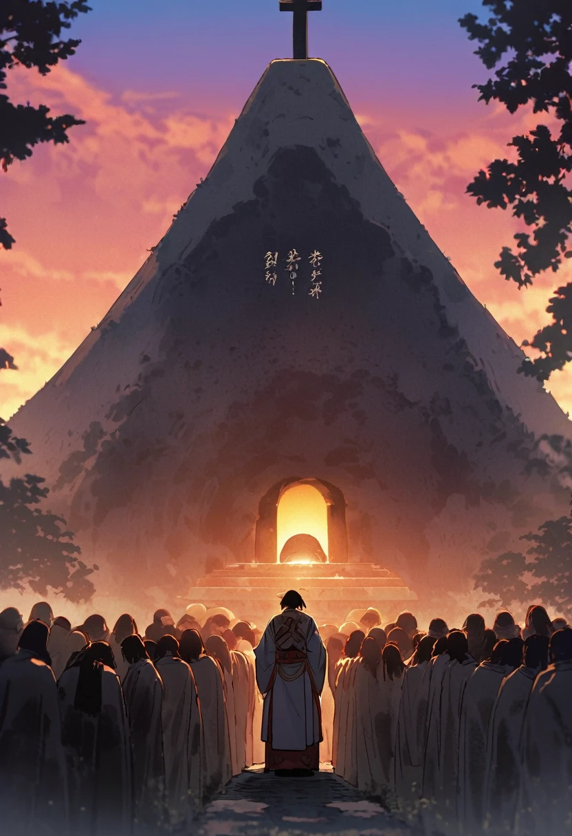 Musashi Miyamotoが熊本でその生涯を閉じたシーン。His grave stands in a quiet Japanese garden.、In the background, the sky is dyed in sunset.。In front of the tomb were disciples and people.々Gathered、bowing one's head in respect。On the gravestone『Musashi Miyamoto』The name of、Cherry blossom petals are starting to fall all around.、It symbolizes that his teachings and spirit are still alive today.。