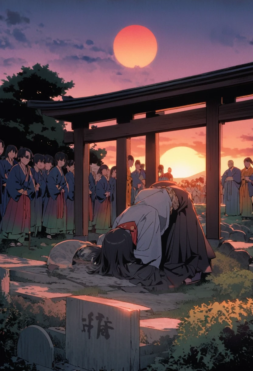 Musashi Miyamotoが熊本でその生涯を閉じたシーン。His grave stands in a quiet Japanese garden.、In the background, the sky is dyed in sunset.。In front of the tomb were disciples and people.々Gathered、bowing one's head in respect。On the gravestone『Musashi Miyamoto』The name of、Cherry blossom petals are starting to fall all around.、It symbolizes that his teachings and spirit are still alive today.。