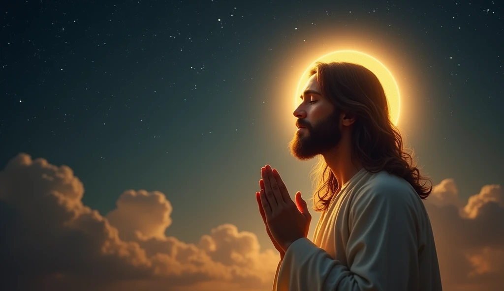 A viral social media image of Jesus praying on the right side, with soft golden light illuminating his peaceful face, surrounded by a serene, starry night sky and a gentle, glowing halo.