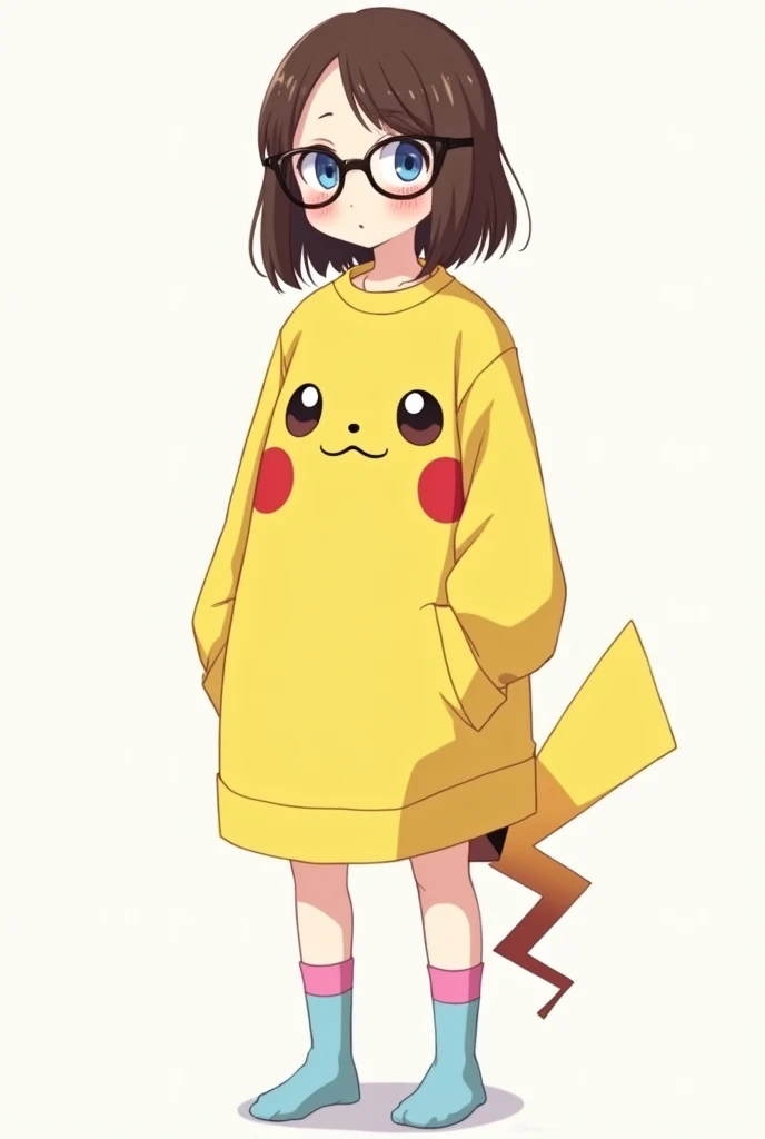 Full body drawing of an anime style girl, with blue eyes, shoulder length brown hair, wears an oversized Pikachu shirt that goes down to her knees and a pair of baby blue pink socks. Wears glasses and has a nerdy, awkward vibe.