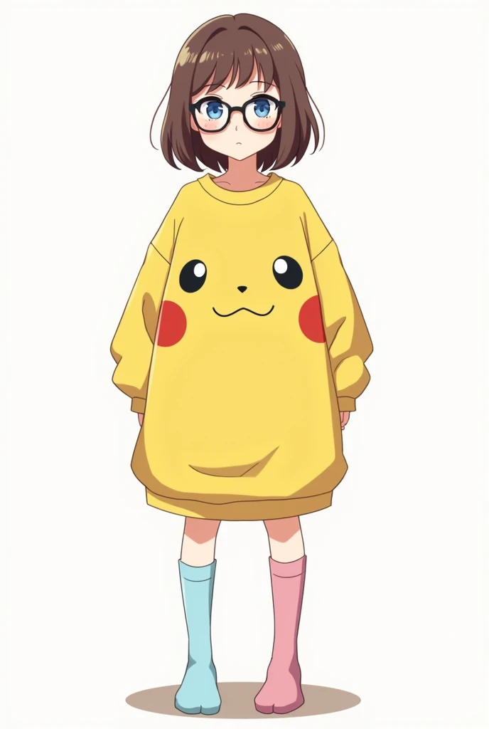 Full body drawing of an anime style girl, with blue eyes, shoulder length brown hair, wears an oversized Pikachu shirt that goes down to her knees and a pair of baby blue pink socks. Wears glasses and has a nerdy, awkward vibe.