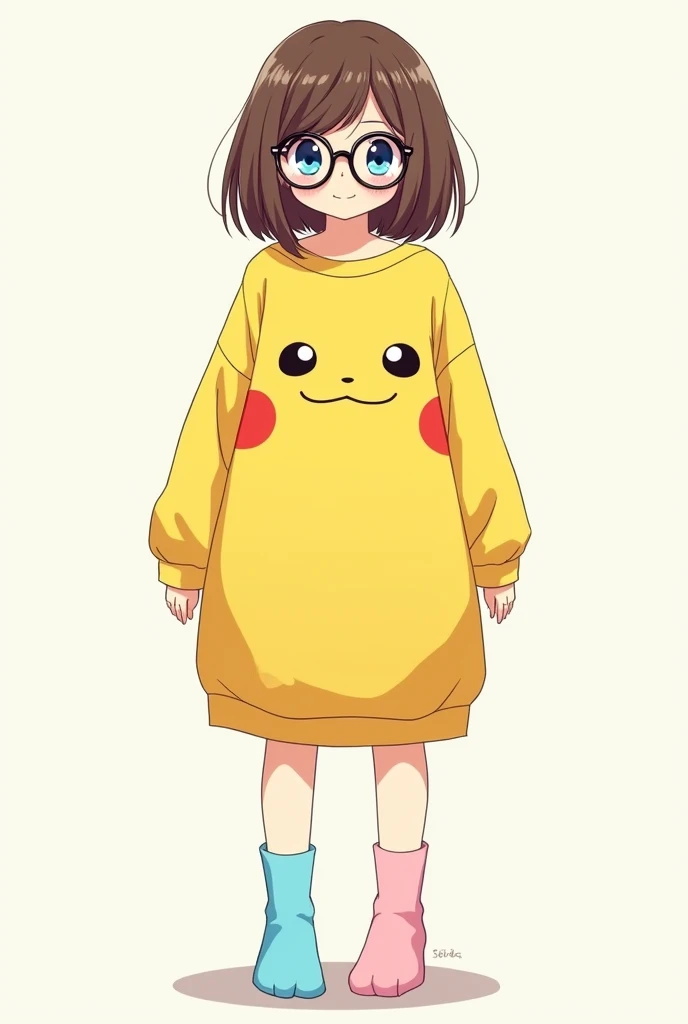 Full body drawing of an anime style girl, with blue eyes, shoulder length brown hair, wears an oversized Pikachu shirt that goes down to her knees and a pair of baby blue pink socks. Wears glasses and has a nerdy, awkward vibe.
