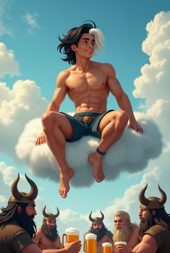 young man god of happiness his hair is black and the roots are white Scandinavian god of fun, 160 height, medium length hair black white, athletic build, sits on a cloud, below people drink beer and have fun, people look like Vikings