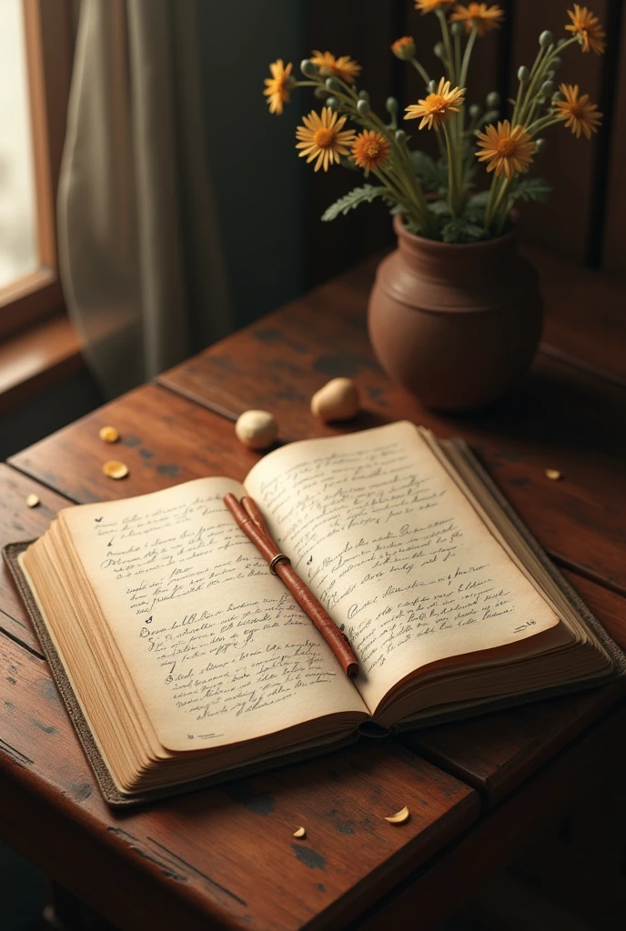 Make an open diary on a table I want the image from top to bottom 