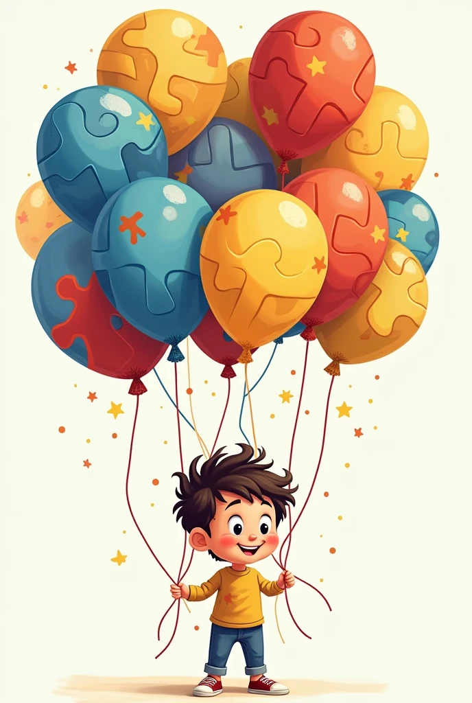 A picture of a cartoon child holding balloons, and these balloons are colored with blue puzzle shapes, amarelo e rot (autism symbol), and that has a well-drawn name in the background Marcus Benicio, with the balloons being formed by the puzzles, rot, yellow and blue, respecting the spelling Marcus Benicio