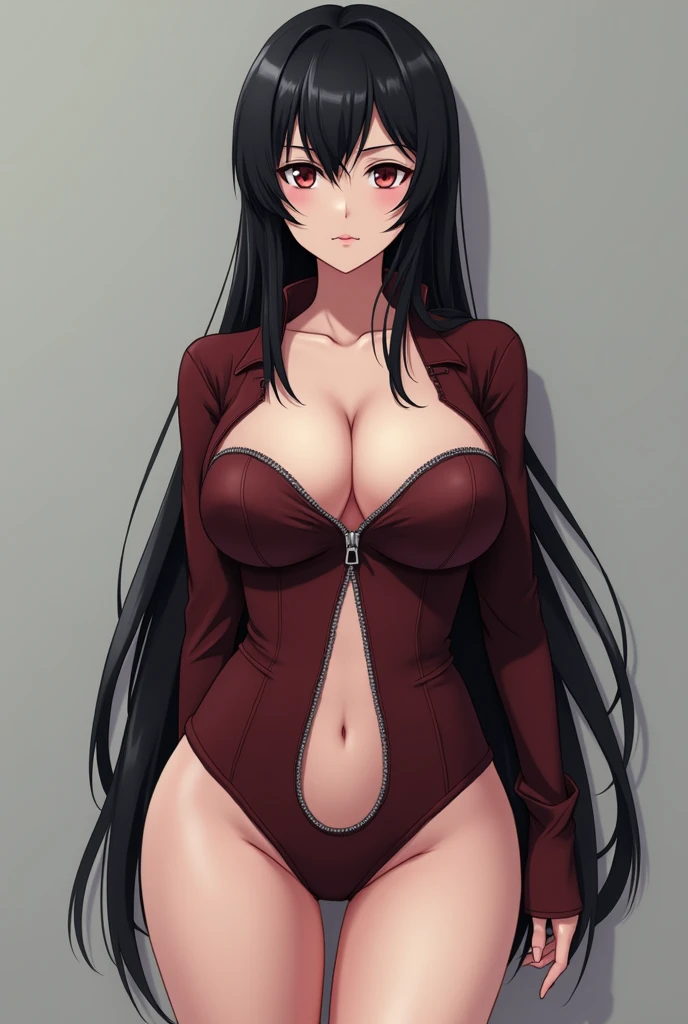 ((perfect anatomy:1.2,realistic:1.3,RAW Photography:1.3,masterpiece、highest quality、Ultra - High resolution、High resolution、Highly detailed CG、8K)), image of Akeno from high school DxD,long straight hair, black hair, The outfit should be alluring ,overly revealing, unzipped:1.2, ((costume is unzipped )), narrow waist, wide hips ,very thin slender body, thigh gap,huge breasts, round breasts, heavy breasts, busty,
