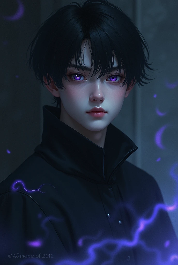 ((best quality)), ((masterpiece)), (detailed), young man with short dark hair and purple eyes, pale skin, surrounded by a dark aura