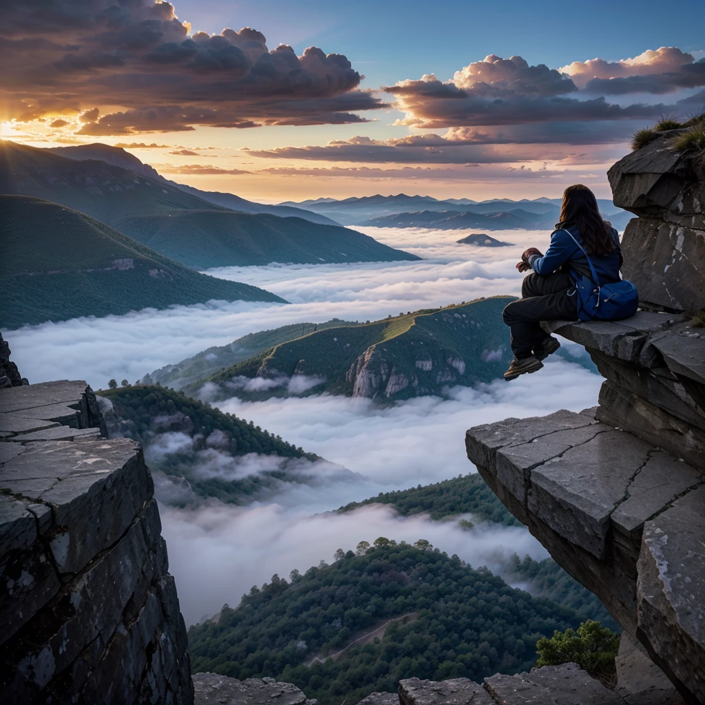 The Mountain’s Edge**: Arin reaches a narrow ledge overlooking a vast, cloud-filled valley. The sun is setting, casting the sky in brilliant shades of blue and purple. Arin’s silhouette is framed against the glowing horizon, symbolizing the vastness of the journey and the solitude of self-discovery. The scene is hyperrealistic, with every detail of the rocky ledge and the distant clouds meticulously rendered.