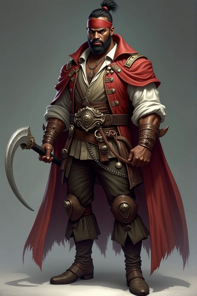 clearing! Here is a detailed description for Griff Arryn based on the given characteristics:
Appearance: Griff Arryn is a 3 black man., with 1,78 meters high. Your body is muscular and well-defined, result of years of fighting and sailing. His face has striking and expressive features, with brown eyes that convey a mixture of cunning and determination. he wears an eyepatch over his left eye, a reminder of past battles and a mark of his experience as a pirate.
Her hair is short and dense in texture., often tied up in a small bun or braided. He has a well-groomed beard that enhances his robust appearance.. Griff usually wears typical pirate clothing., like a loose linen shirt and leather pants, complemented by a sturdy fabric vest and leather boots. Their outfits are decorated with metallic details and adornments that reflect their extravagant nature and the wealth they seek to accumulate..
The set is complemented by a headband or a pirate hat., and he carries a beautiful long curved sword, which is both a weapon and a symbol of your identity.