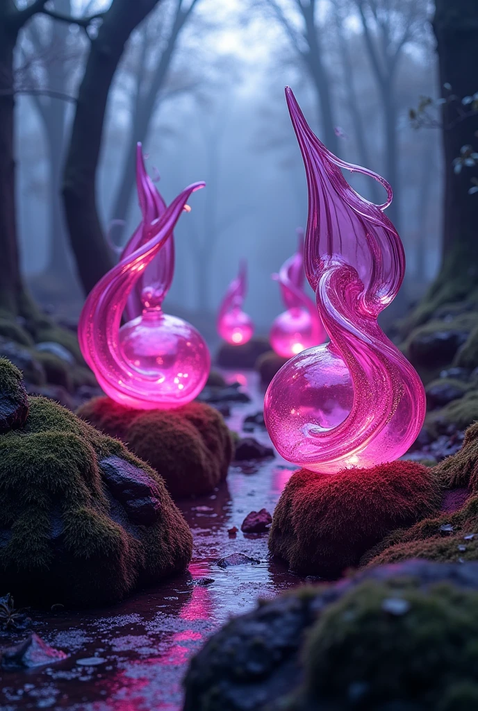 Plastic art、surreal、Glass sculptures (magenta color) at the forest、Escultura de vidro na magenta color esculpida em pedras, Sculpture that defies the laws of physics、indigo art、Moss covered sculpture、some soft purple LED lights create artistic effect